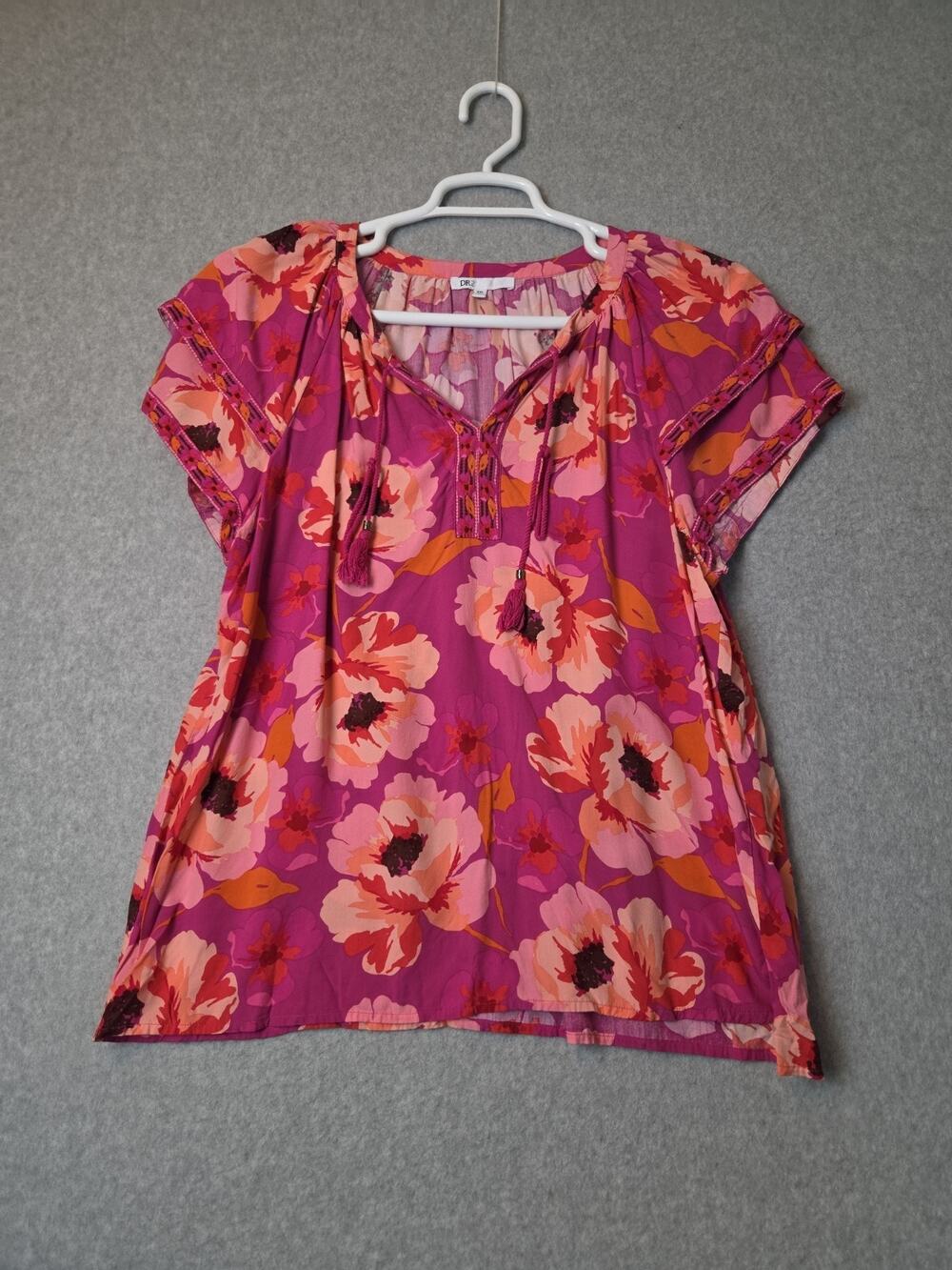 DR2 Pink Tropical Floral SS Split V Neck Tassel Peasant Blouse Women's Plus XXL